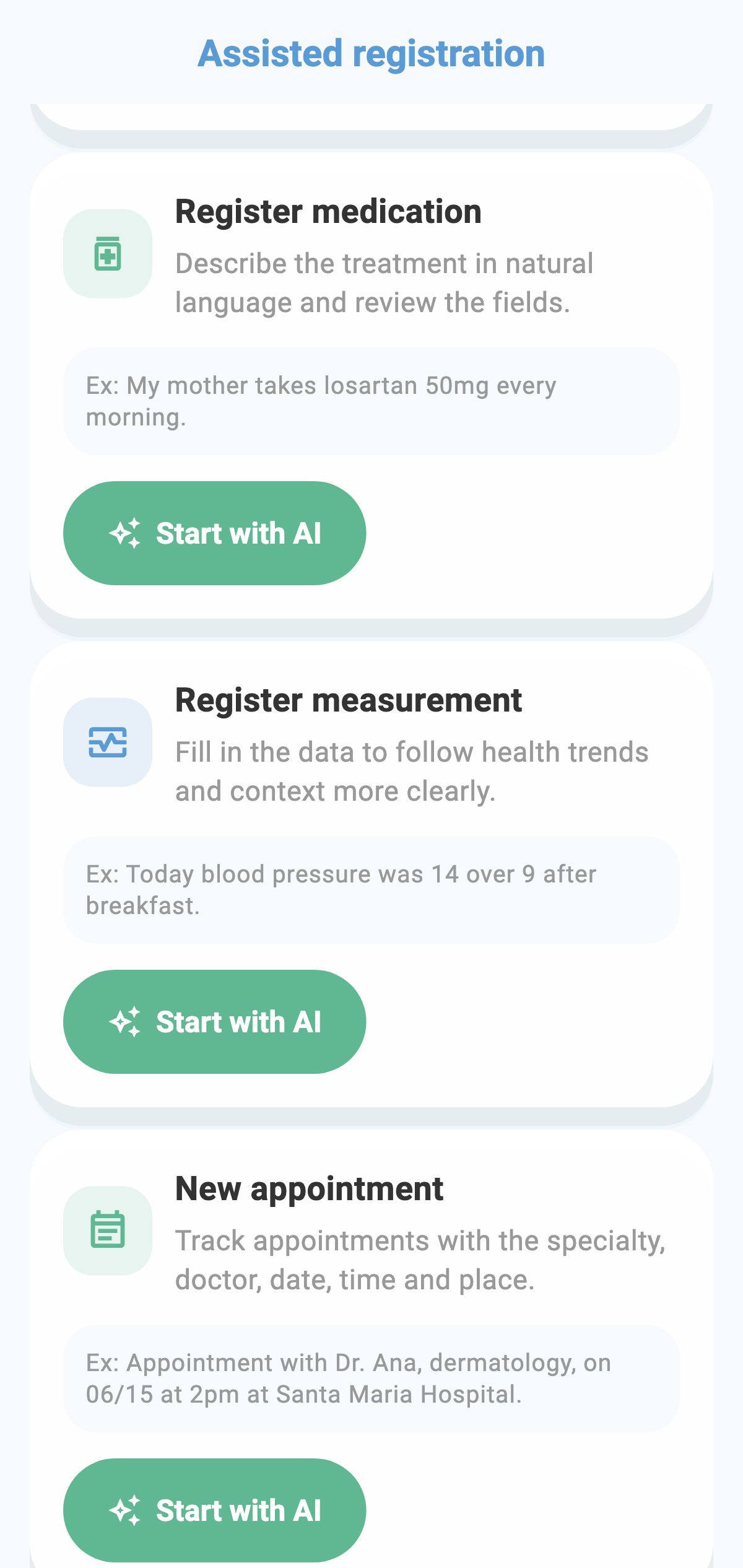 Real CronoBem AI-assisted registration screen with entry options