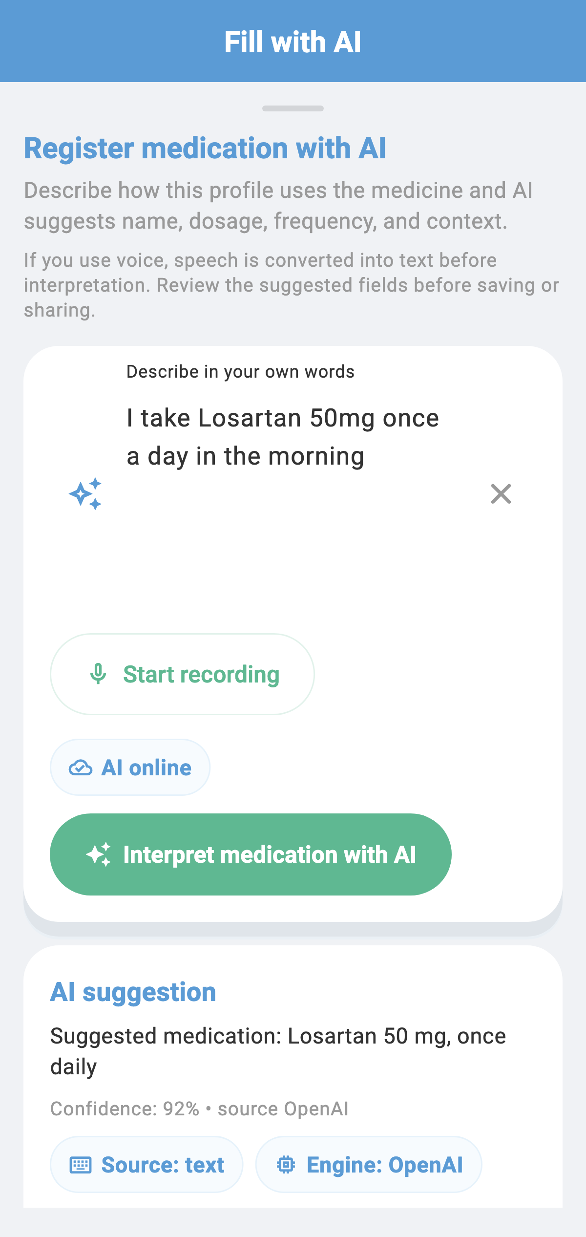 Real CronoBem AI suggestion review screen, showing the confidence level before confirming the record