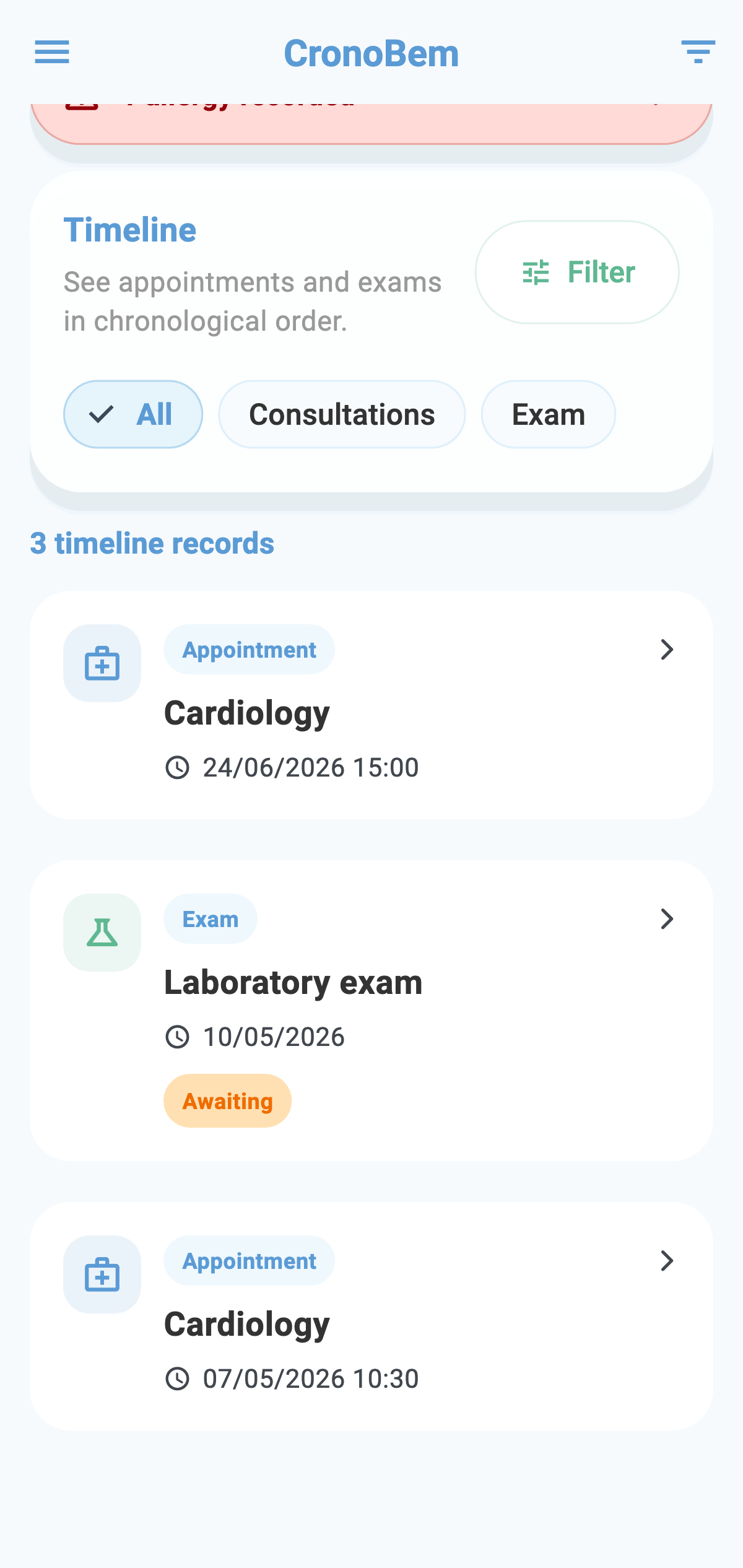 Real CronoBem screen showing Ana Costa's profile with the timeline of appointments and exams