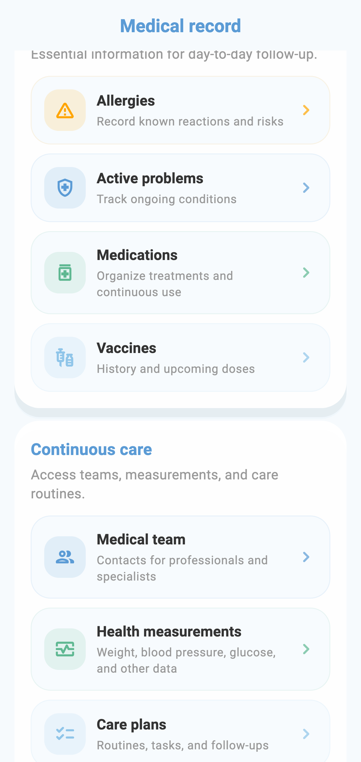 Real CronoBem medical record menu screen with sections for allergies, active conditions, medications, vaccines and care team