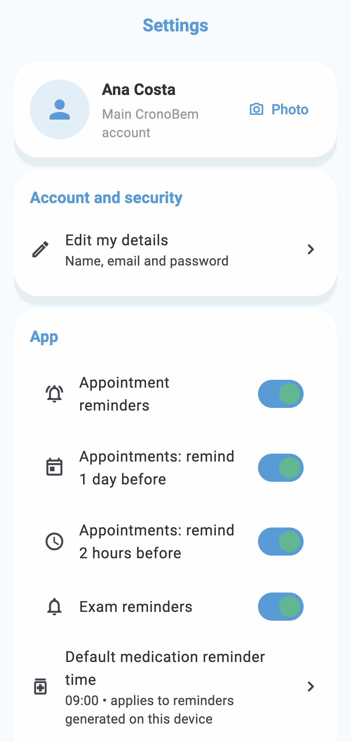 Real CronoBem settings screen with appointment and exam reminders, plus backup and data export options