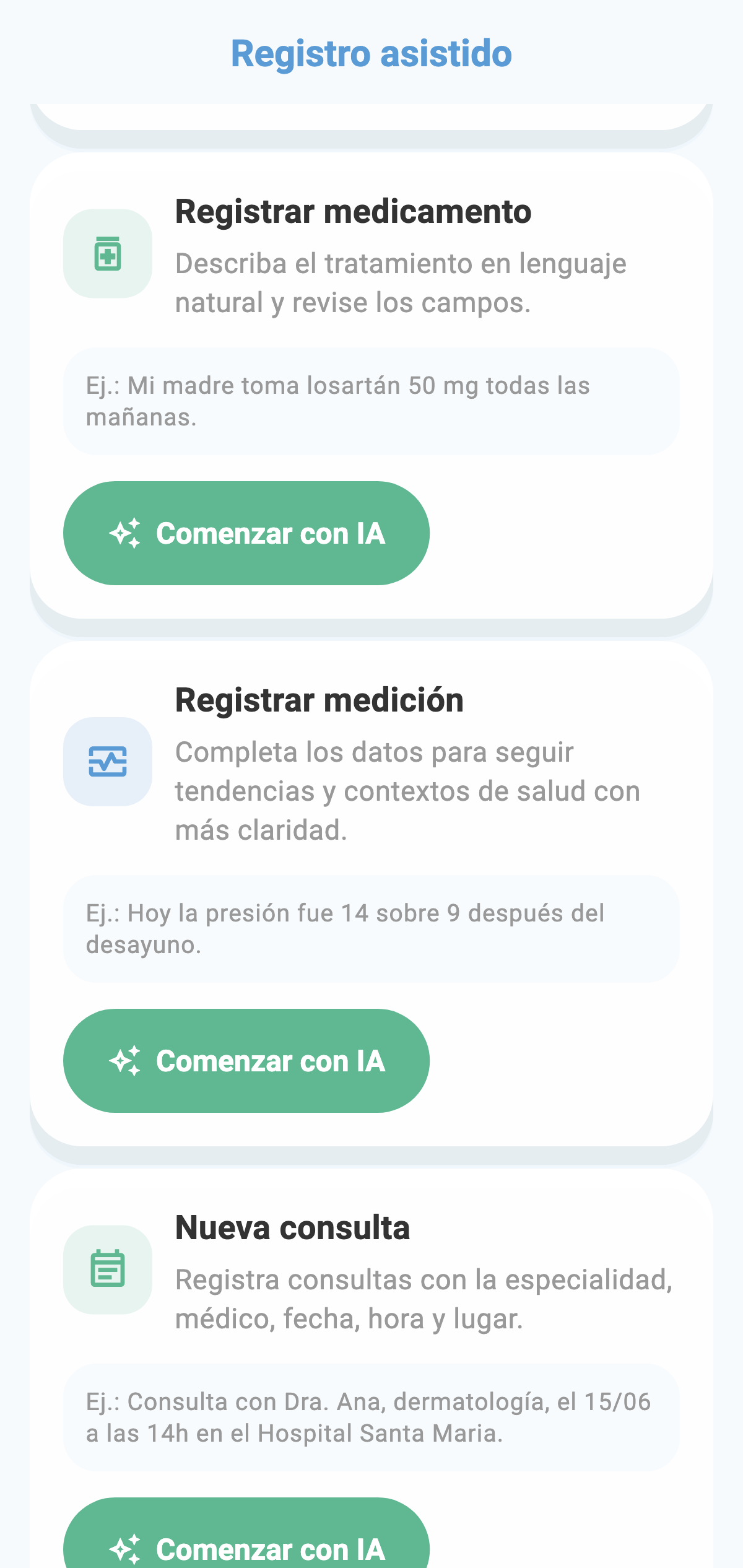 Pantalla real de registro asistido por IA de CronoBem con las opciones de registro