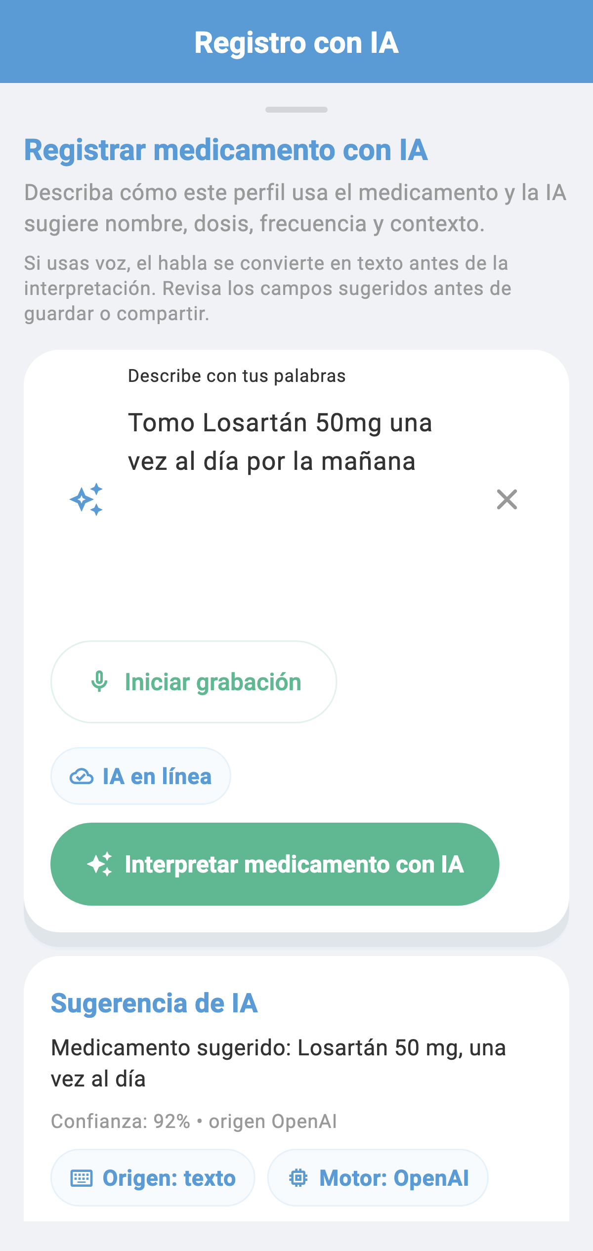 Pantalla real de revisión de sugerencia de la IA en CronoBem, mostrando el nivel de confianza antes de confirmar el registro