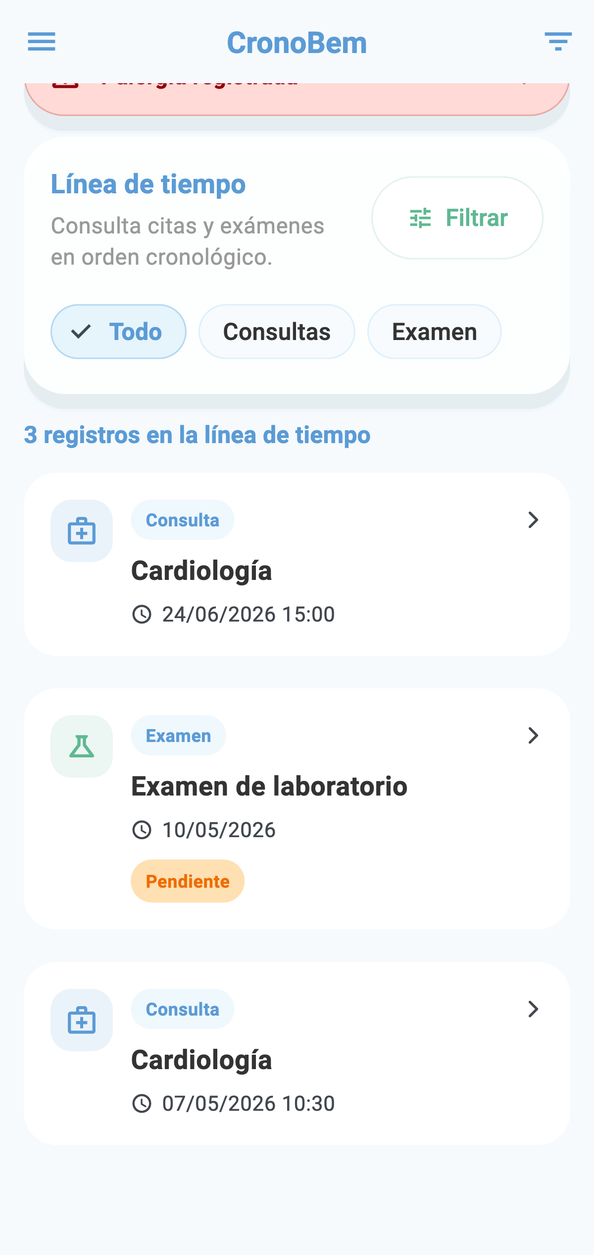 Pantalla real de CronoBem mostrando el perfil de Ana Costa con la línea de tiempo de consultas y exámenes