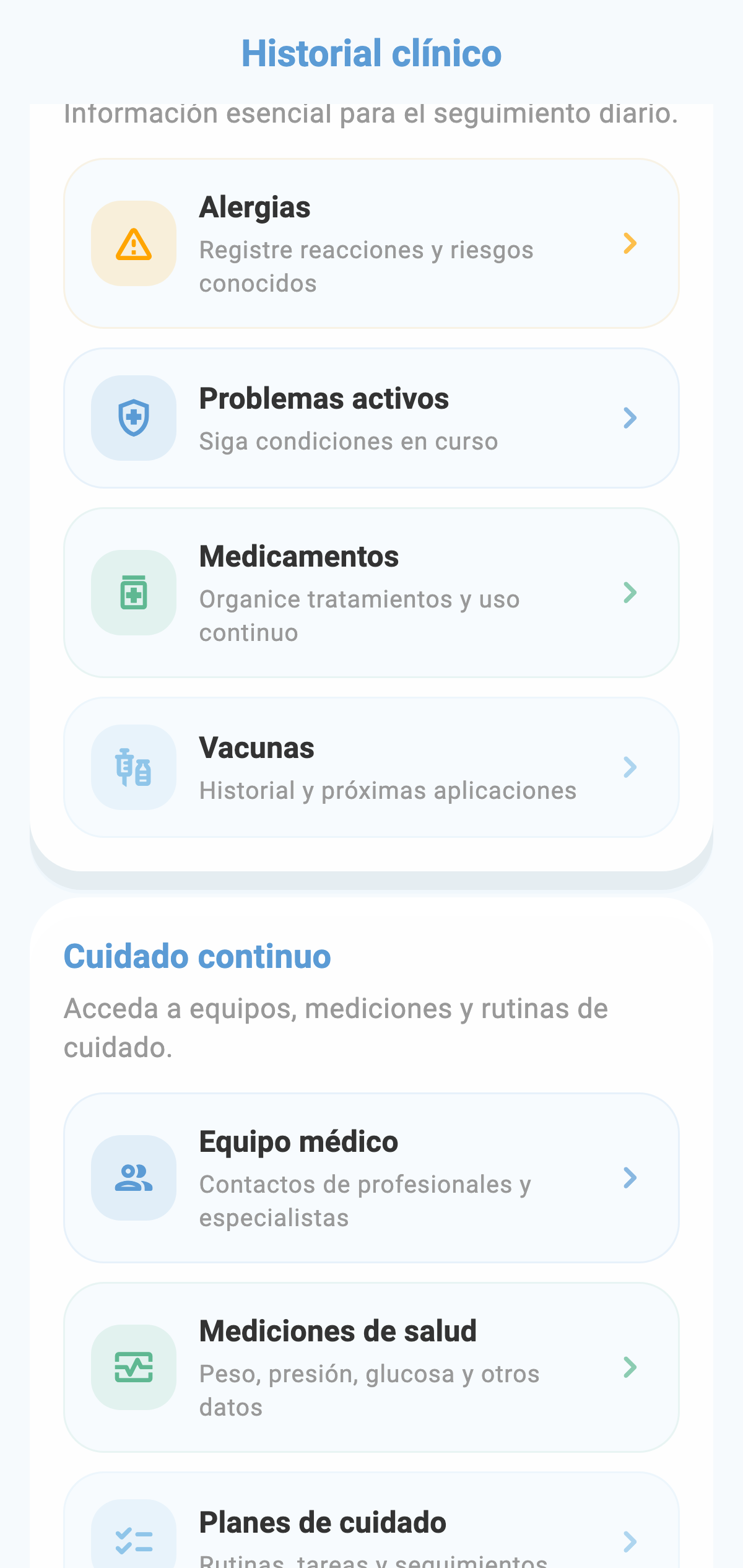 Pantalla real del menú de historial clínico de CronoBem con las secciones de alergias, condiciones activas, medicamentos, vacunas y equipo médico