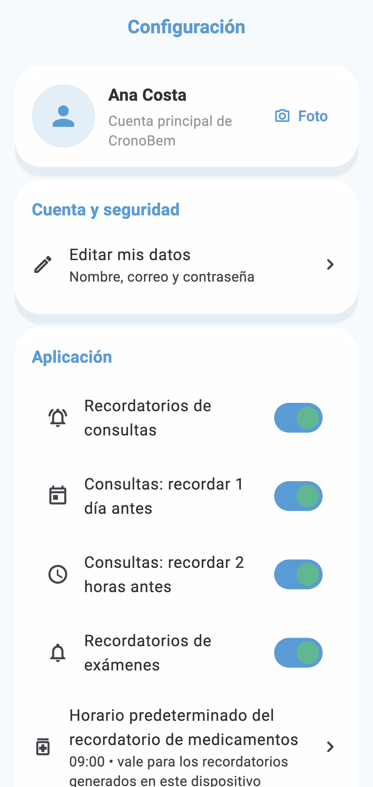 Pantalla real de configuración de CronoBem con recordatorios de consulta, examen y opciones de respaldo y exportación de datos