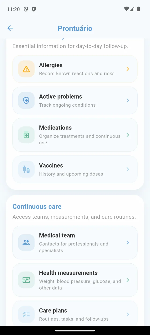 Tela real do prontuário do CronoBem com as seções de alergias, problemas ativos, medicações, vacinas e equipe médica