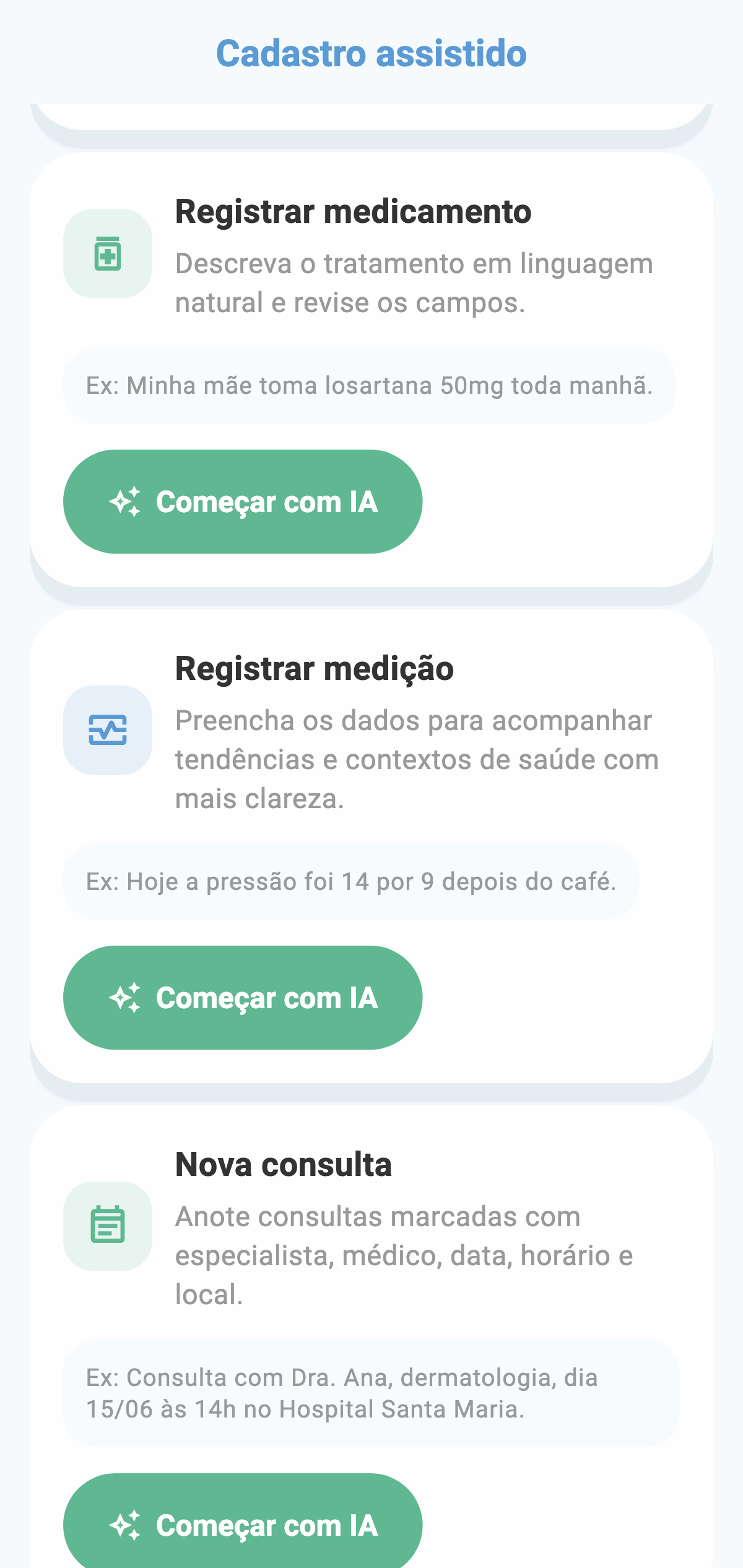 Tela real de cadastro assistido por IA do CronoBem com as opções de registro