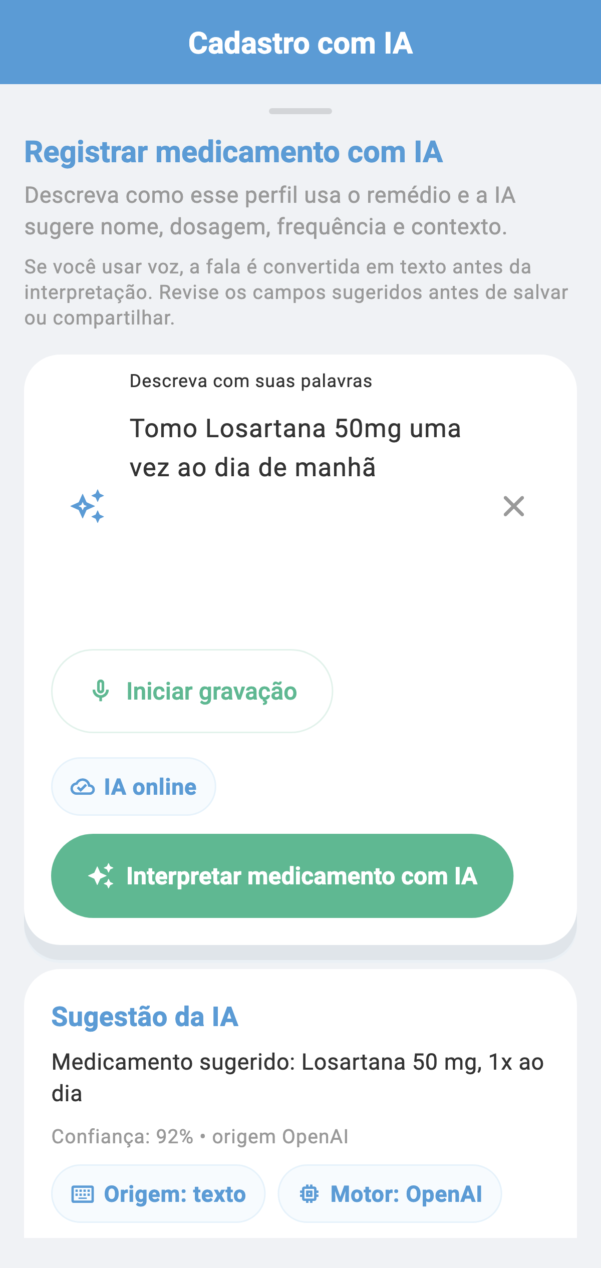 Tela real de revisão de sugestão da IA no CronoBem, com o grau de confiança antes de confirmar o registro