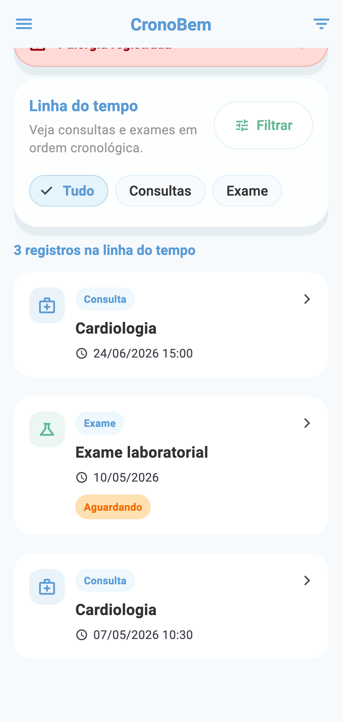 Tela real do CronoBem mostrando o perfil de Ana Costa com a linha do tempo de consultas e exames