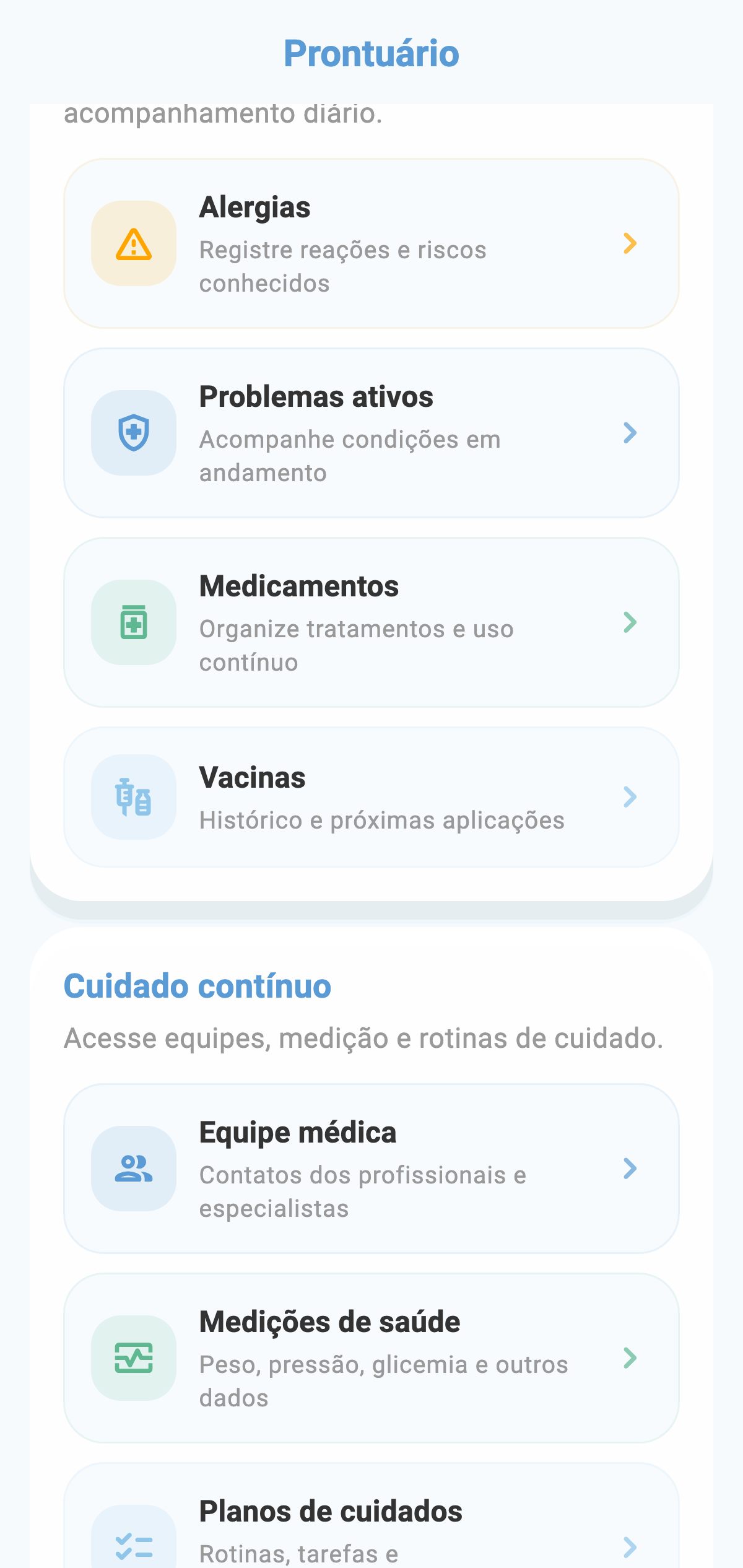 Tela real do menu de prontuário do CronoBem com as seções de alergias, problemas ativos, medicações, vacinas e equipe médica