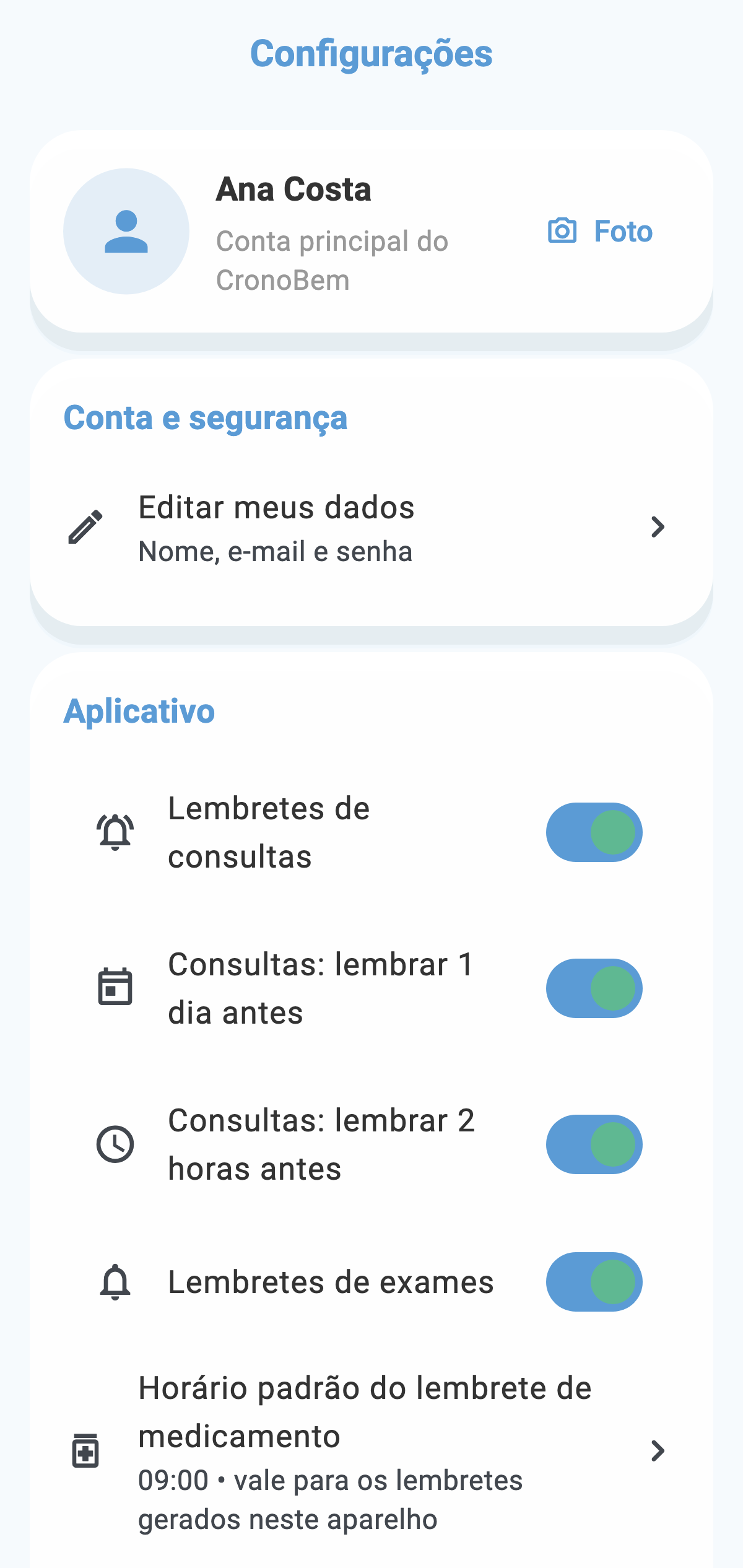 Tela real de configurações do CronoBem com lembretes de consulta, exame e opções de backup e exportação de dados