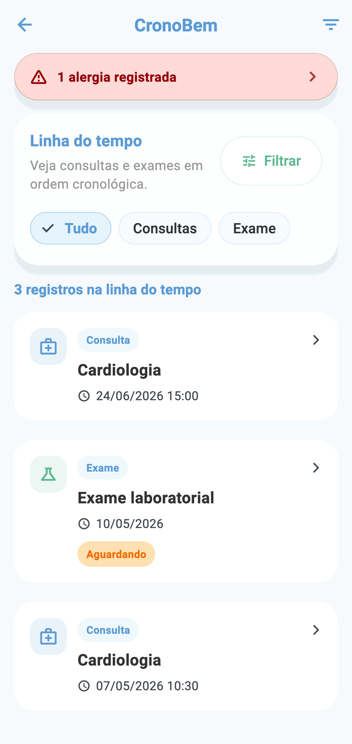 Tela de linha do tempo do CronoBem com consultas e exames em ordem cronológica