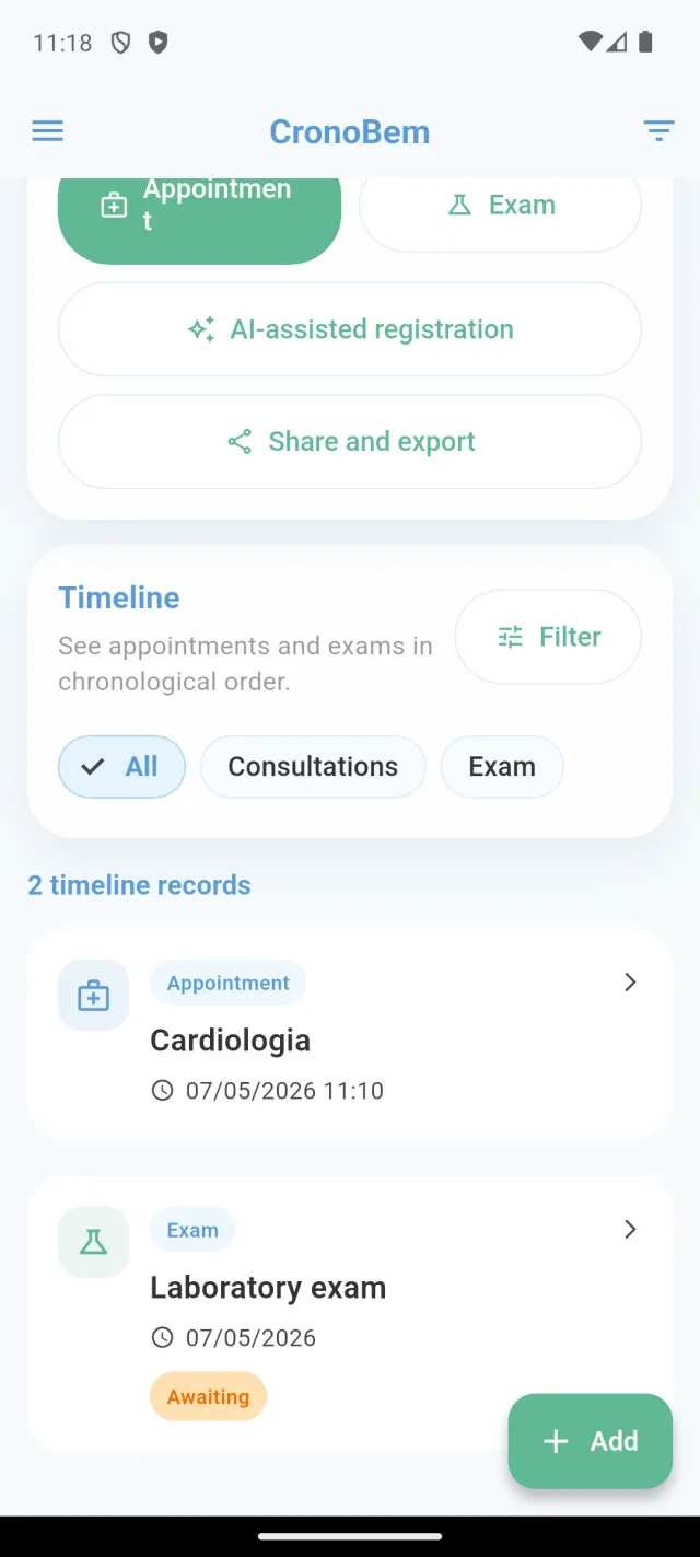 Linha do tempo real do CronoBem com uma consulta de Cardiologia e um exame laboratorial aguardando resultado